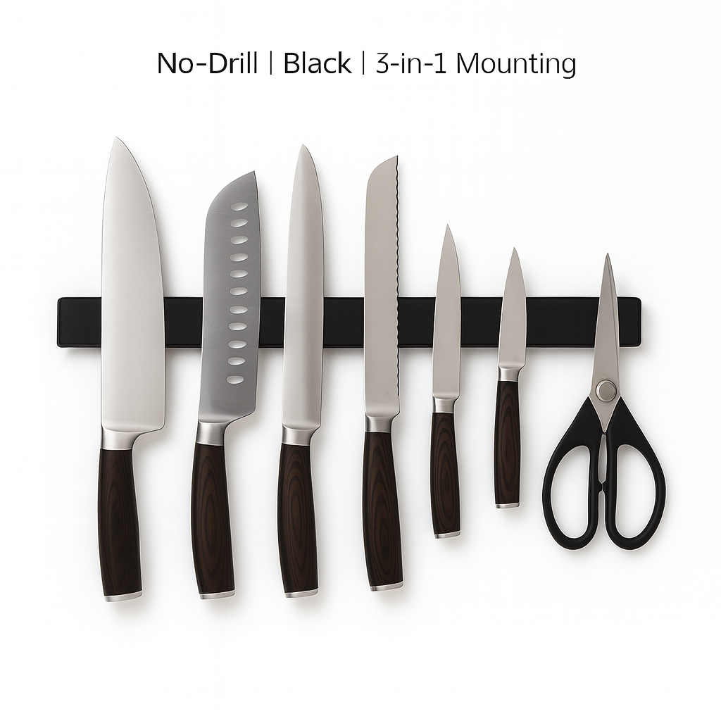 Black 16" Magnetic Knife Holder – Wall & Fridge, No-Drill