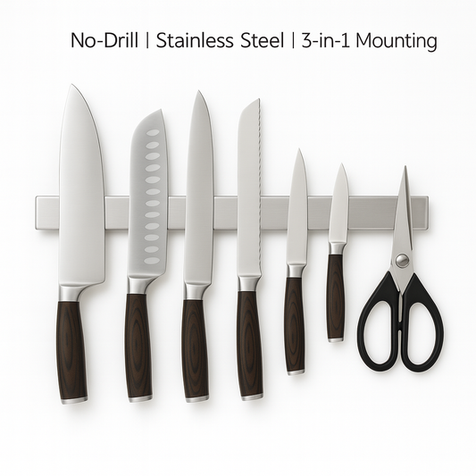 Set of knives and a pair of scissors on a magnetic strip with text 'No-Drill | Stainless Steel | 3-in-1 Mounting' on a white background.