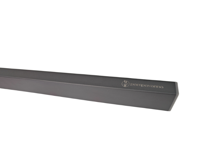 Black rectangular object with a brand logo on a white background