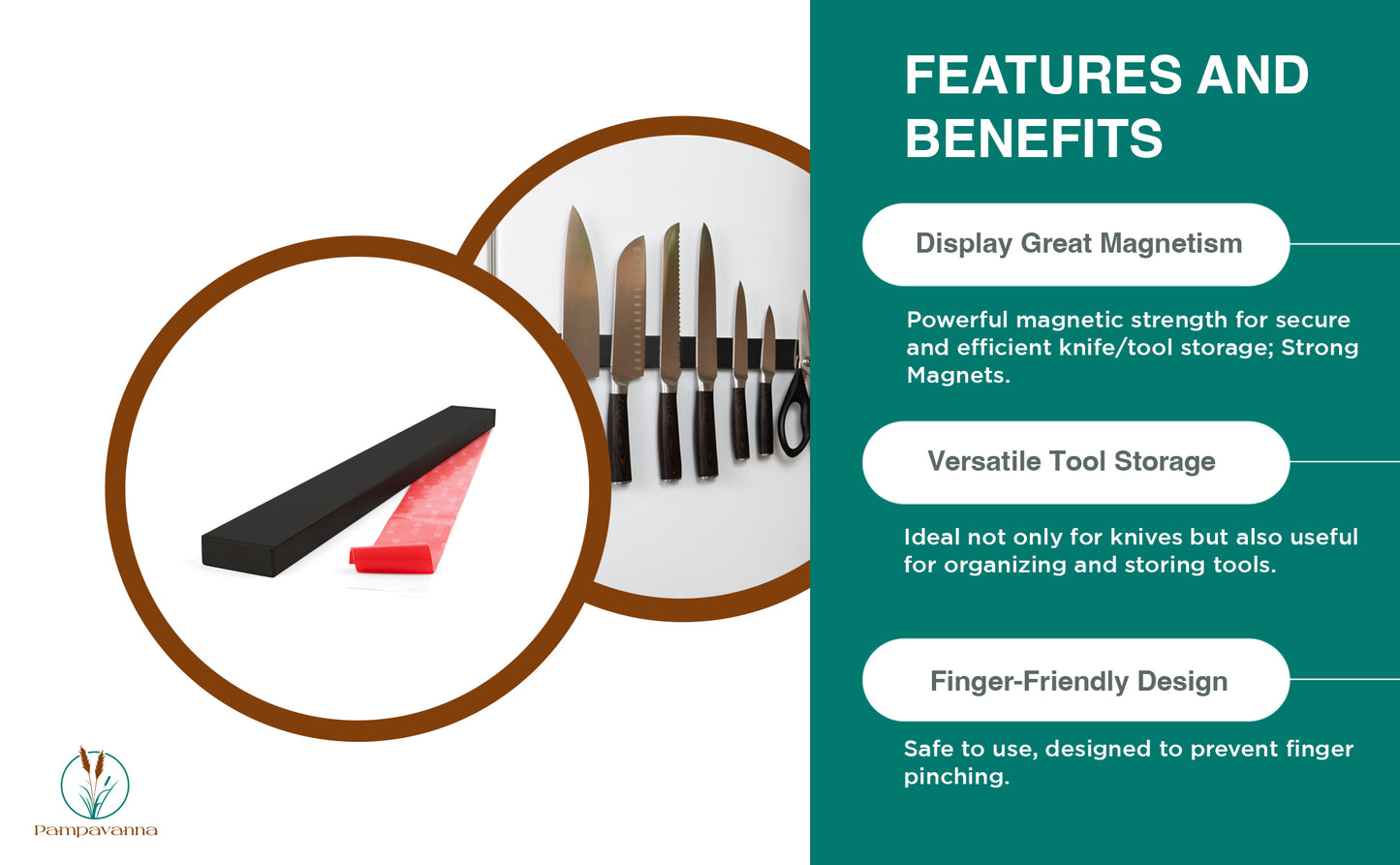 Magnetic strip with knife storage feature and benefits on a white background