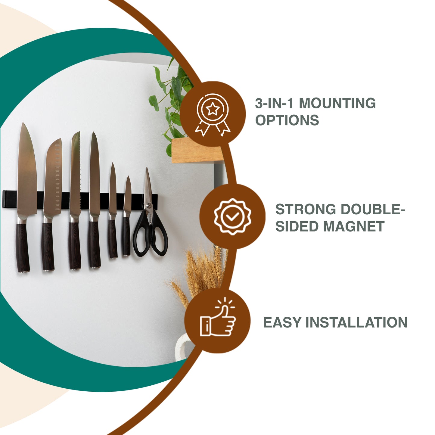 Magnetic knife strip with knives and scissors on a white wall, featuring 3-in-1 mounting options and strong double-sided magnet.