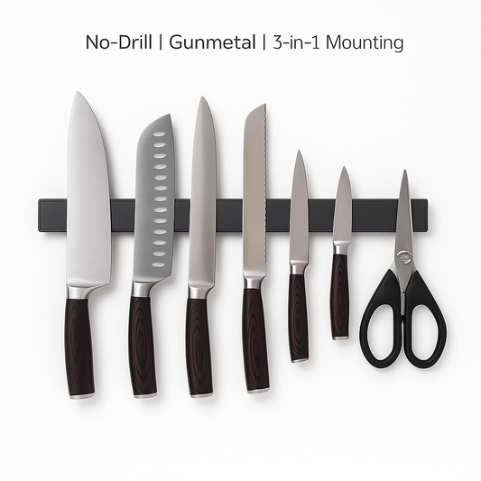 Set of knives and a pair of scissors on a magnetic strip with 'No-Drill | Gunmetal | 3-in-1 Mounting' text.