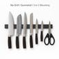 Set of knives and a pair of scissors on a magnetic strip with 'No-Drill | Gunmetal | 3-in-1 Mounting' text.