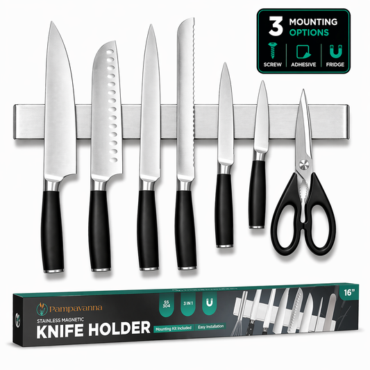 Magnetic Knife Holder 16″ – No-Drill Stainless Steel for Wall or Fridge