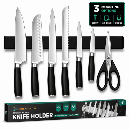 Black Magnetic Knife Holder – 16" No-Drill Wall & Fridge Strip
