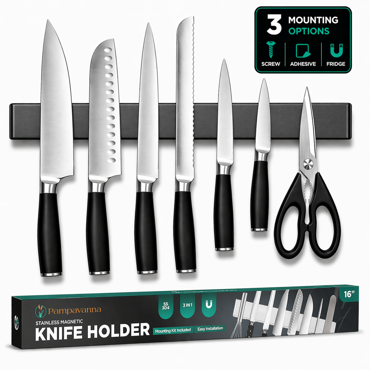 Gunmetal Magnetic Knife Holder 16″ – No-Drill Stainless Steel for Wall or Fridge (Exclusive Color)