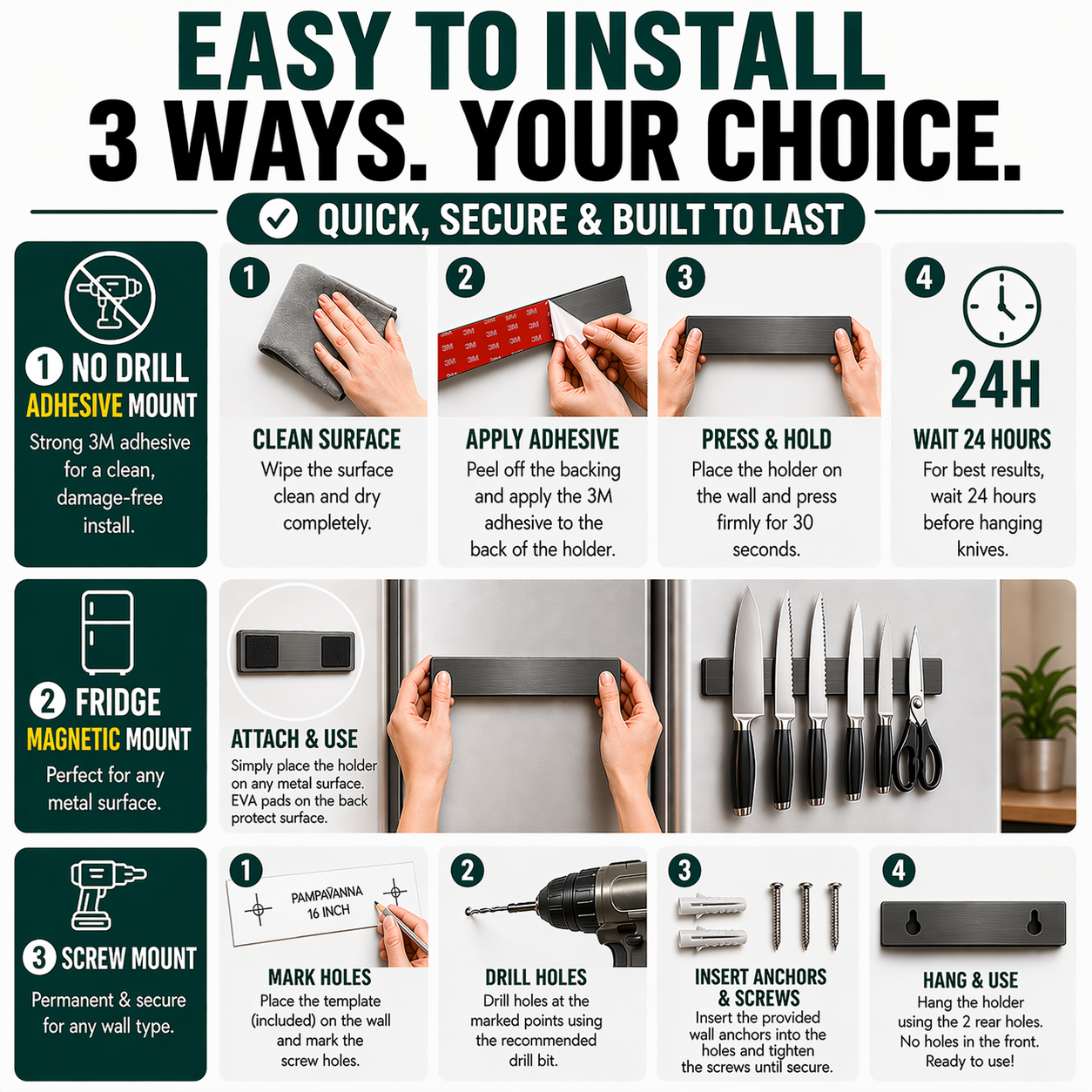 Gunmetal Magnetic Knife Holder 16″ – No-Drill Stainless Steel for Wall or Fridge (Exclusive Color)