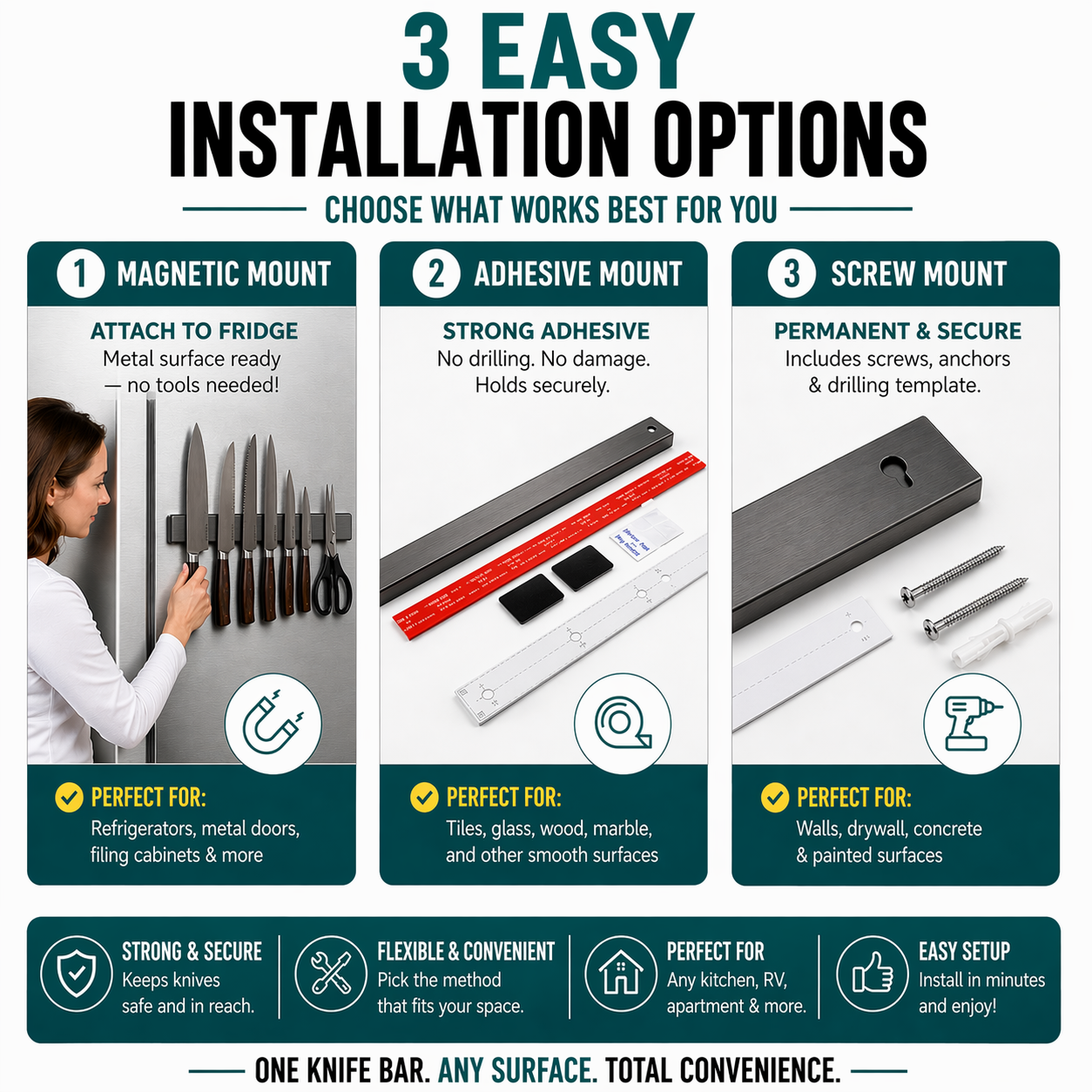 Gunmetal Magnetic Knife Holder 16″ – No-Drill Stainless Steel for Wall or Fridge (Exclusive Color)