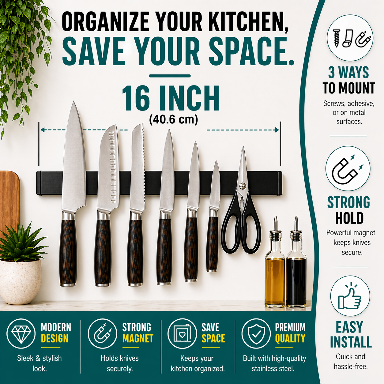 Black Magnetic Knife Holder – 16"