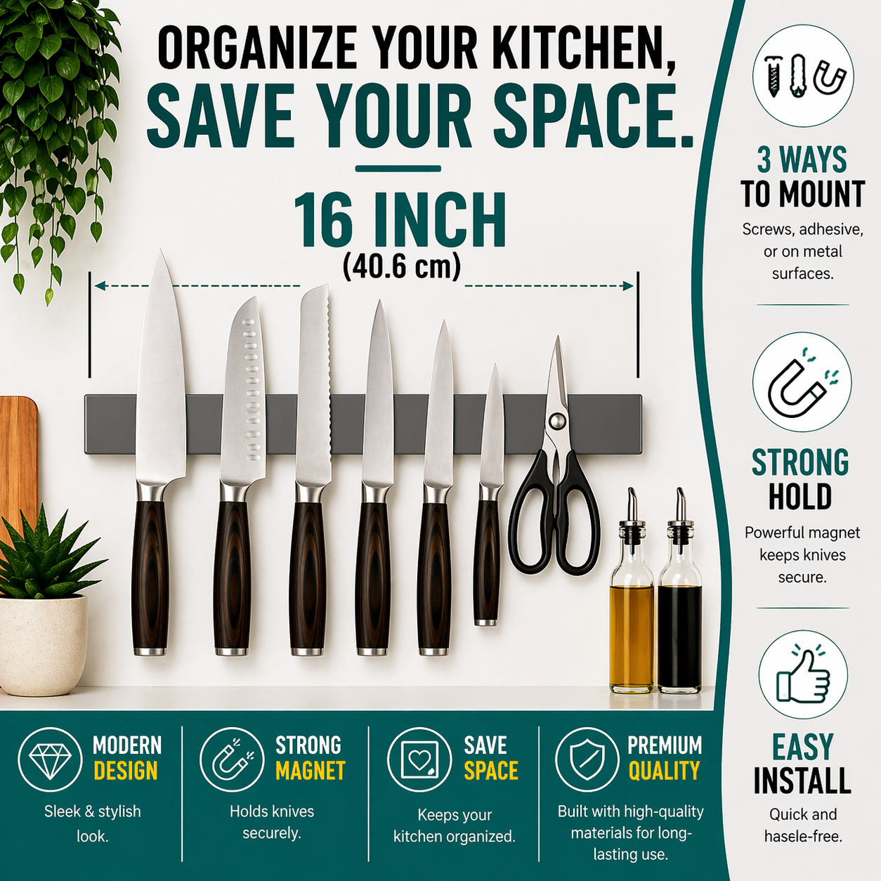 Gunmetal Magnetic Knife Holder 16″ – No-Drill Stainless Steel for Wall or Fridge (Exclusive Color)