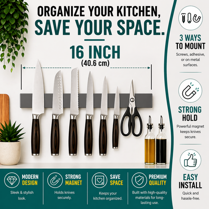Gunmetal Magnetic Knife Holder 16″ – No-Drill Stainless Steel for Wall or Fridge (Exclusive Color)