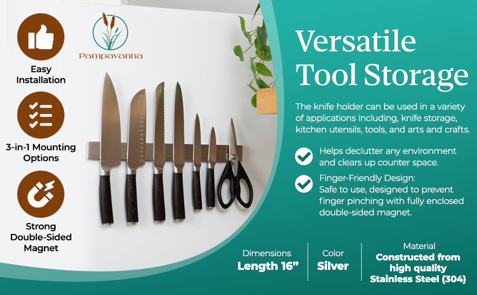 Magnetic Knife Holder 16″ – No-Drill Stainless Steel for Wall or Fridge