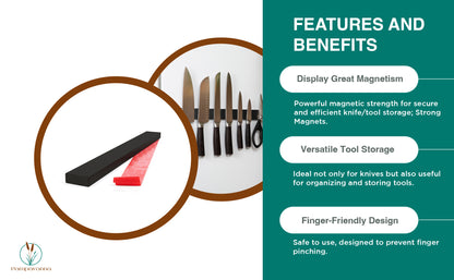 Magnetic strip with knife storage feature and benefits on a white background