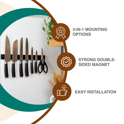 Magnetic knife strip with knives and scissors on a white wall, featuring 3-in-1 mounting options and strong double-sided magnet.