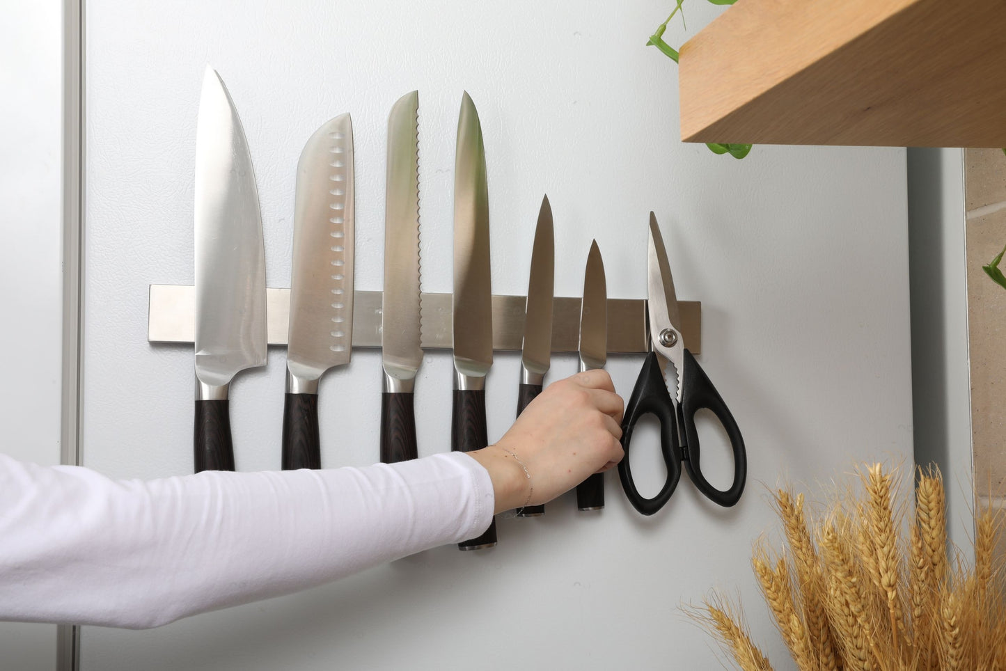 Knives and scissors on a  pampvanna's magnetic strip on a white wall